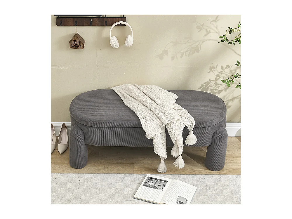 Banc rangement antidérapant chambre entrée salon chenille bois massif gris