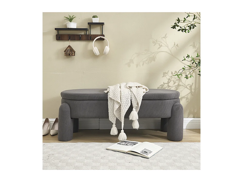 Banc rangement antidérapant chambre entrée salon chenille bois massif gris