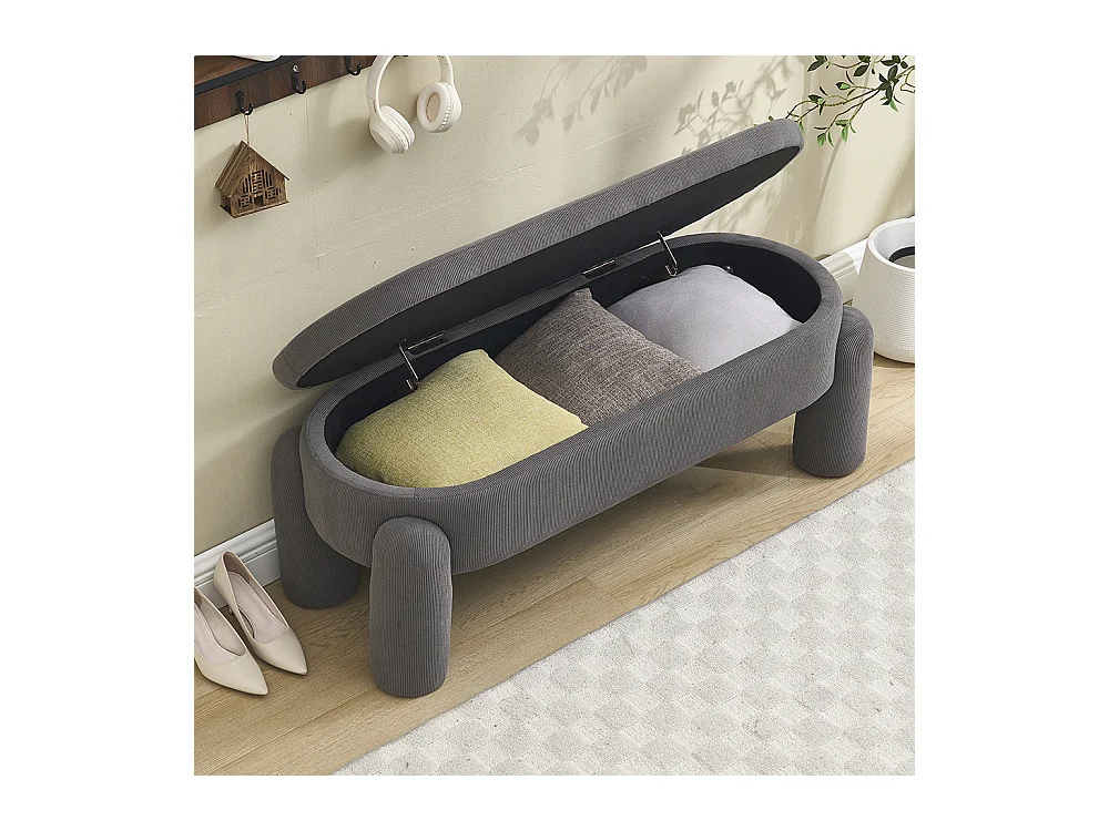 Banc rangement antidérapant chambre entrée salon chenille bois massif gris