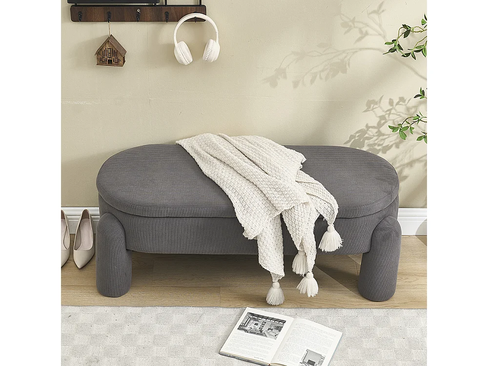 Banc rangement antidérapant chambre entrée salon chenille bois massif gris