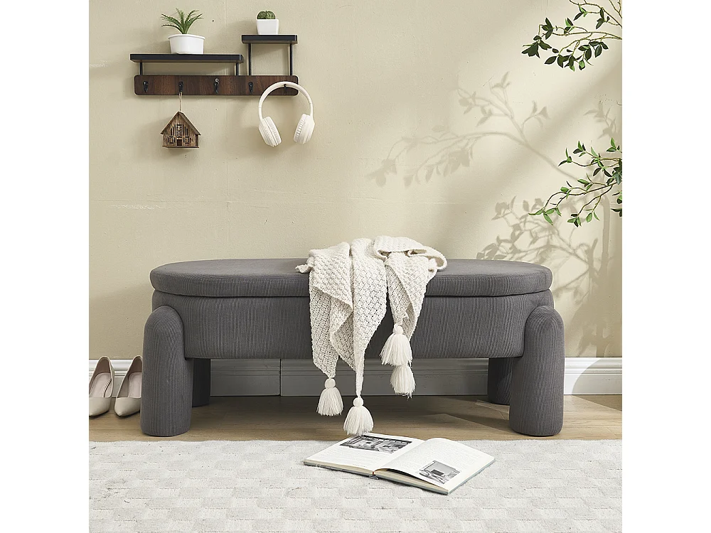 Banc rangement antidérapant chambre entrée salon chenille bois massif gris