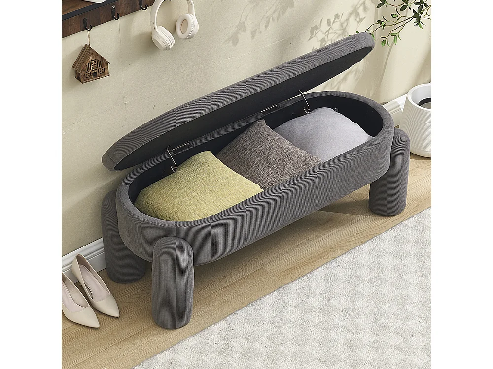 Banc rangement antidérapant chambre entrée salon chenille bois massif gris