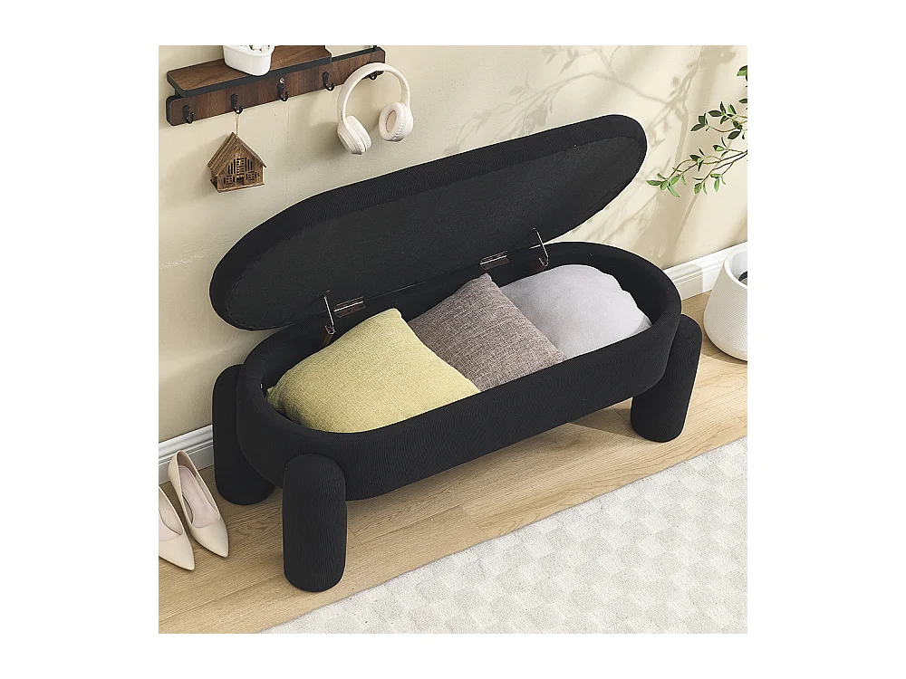 Banc rangement antidérapant chambre entrée salon chenille bois massif noir