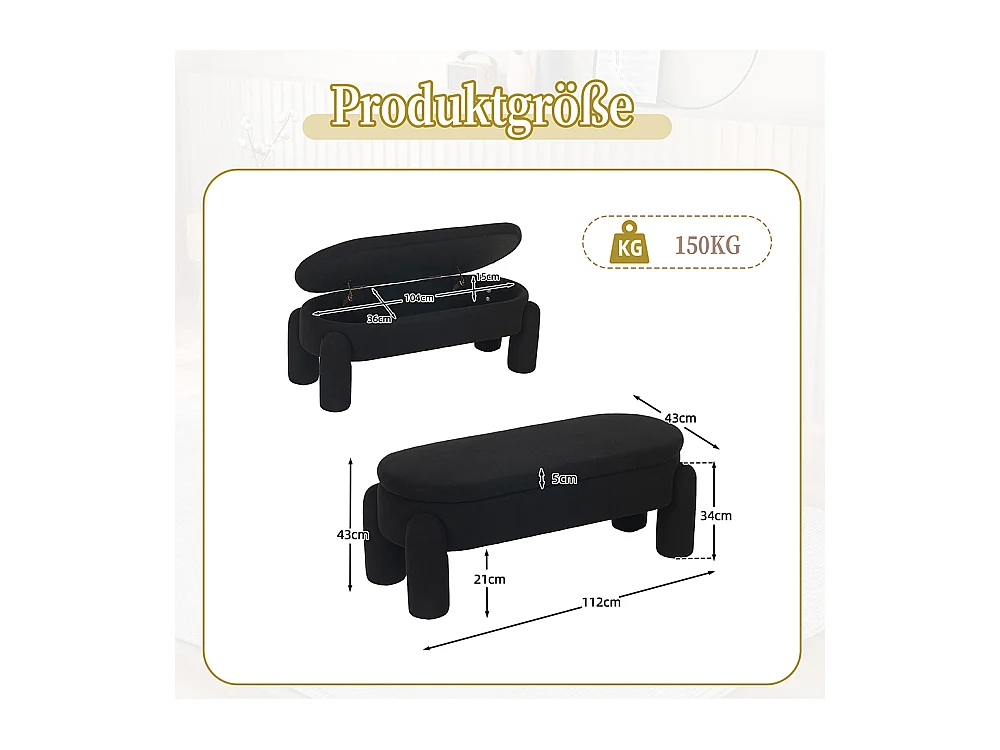 Banc rangement antidérapant chambre entrée salon chenille bois massif noir