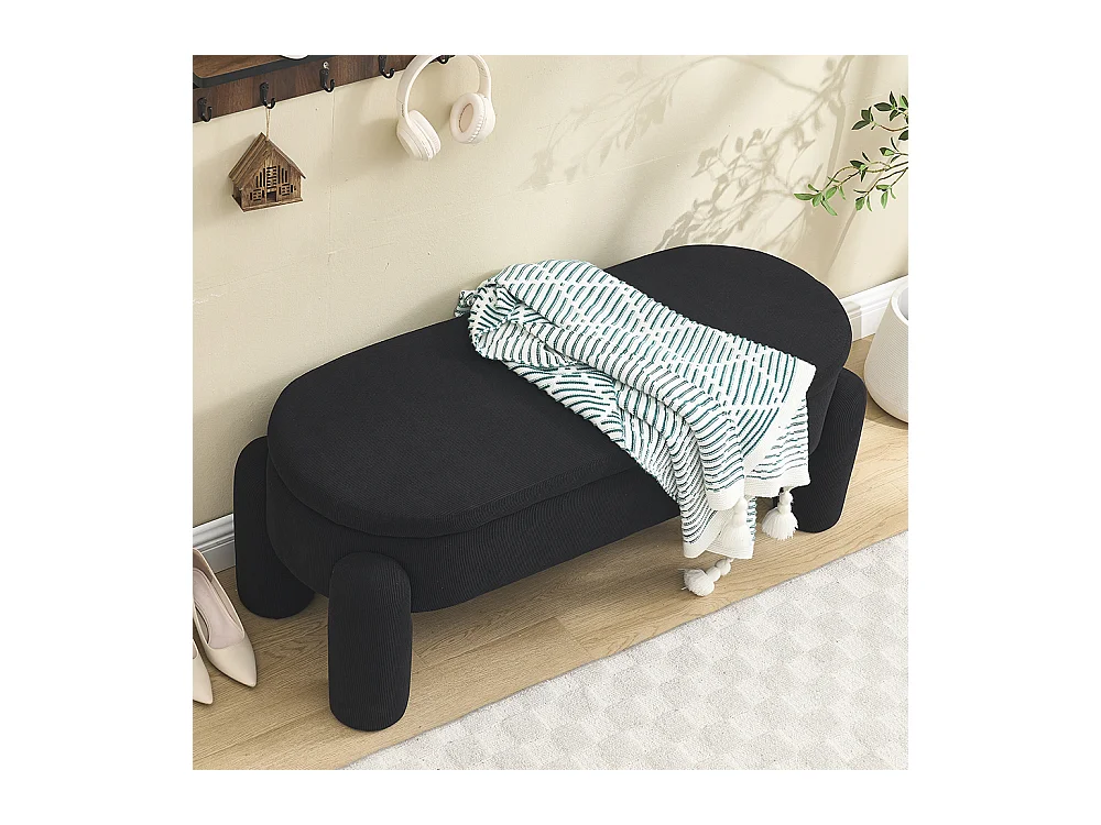 Banc rangement antidérapant chambre entrée salon chenille bois massif noir