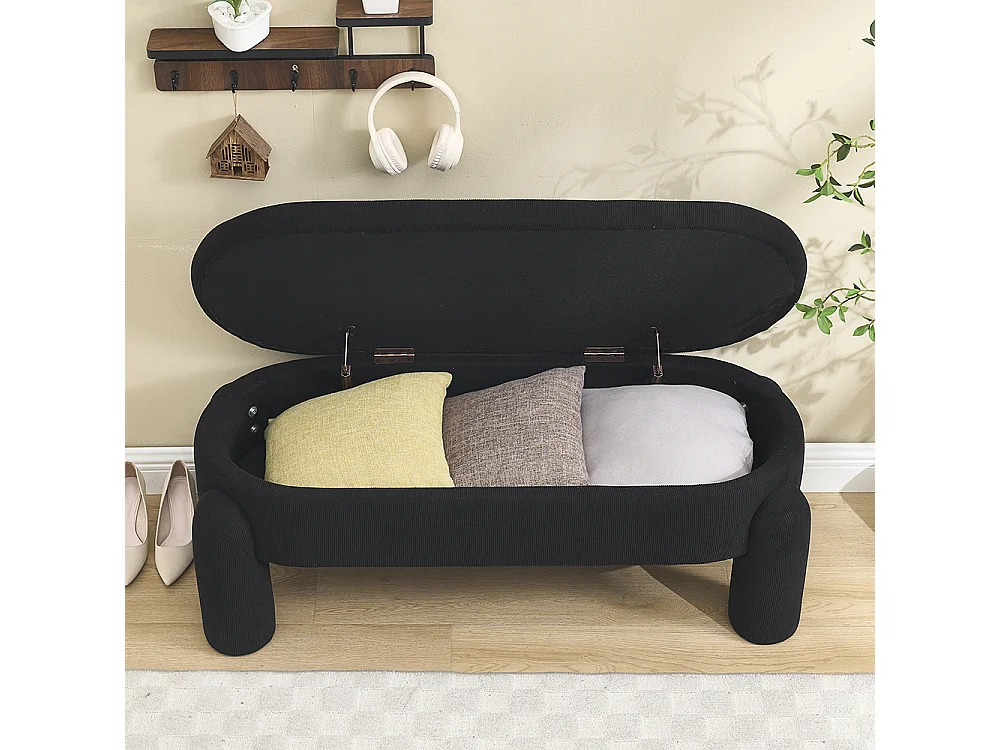 Banc rangement antidérapant chambre entrée salon chenille bois massif noir