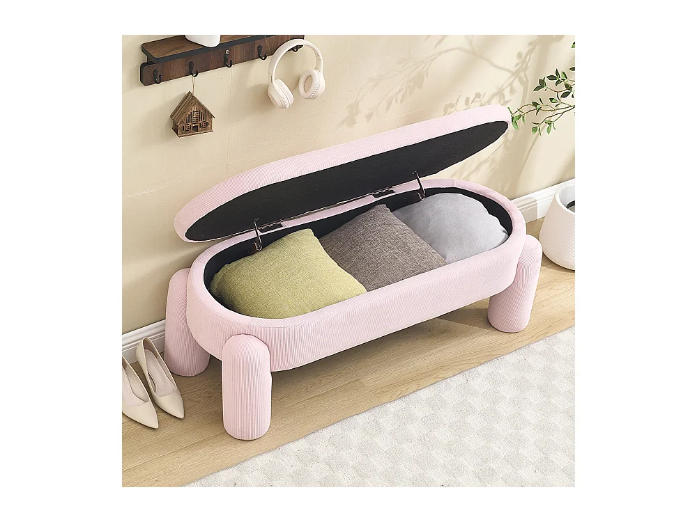 Banc rangement antidérapant chambre entrée salon chenille bois massif rose