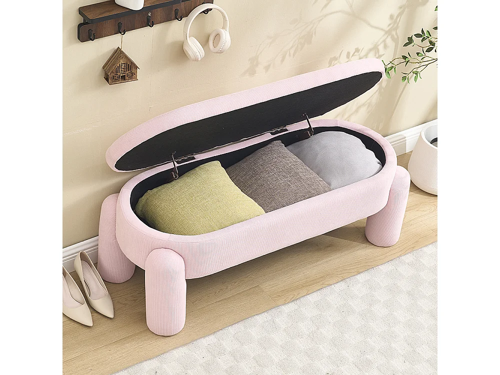 Banc rangement antidérapant chambre entrée salon chenille bois massif rose