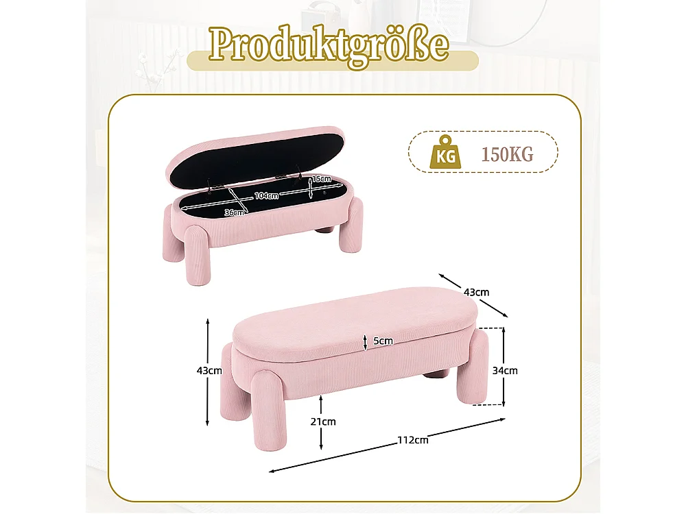 Banc rangement antidérapant chambre entrée salon chenille bois massif rose