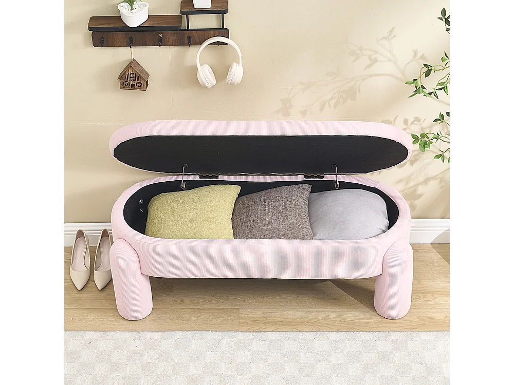 Banc rangement antidérapant chambre entrée salon chenille bois massif rose