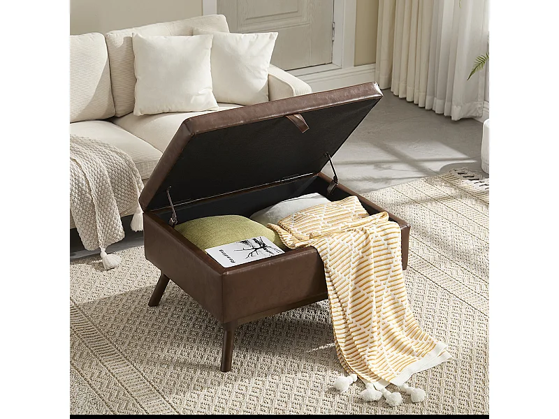 Banc carré milieu siècle rangement salon entrée salle familiale table basse repose pieds marron