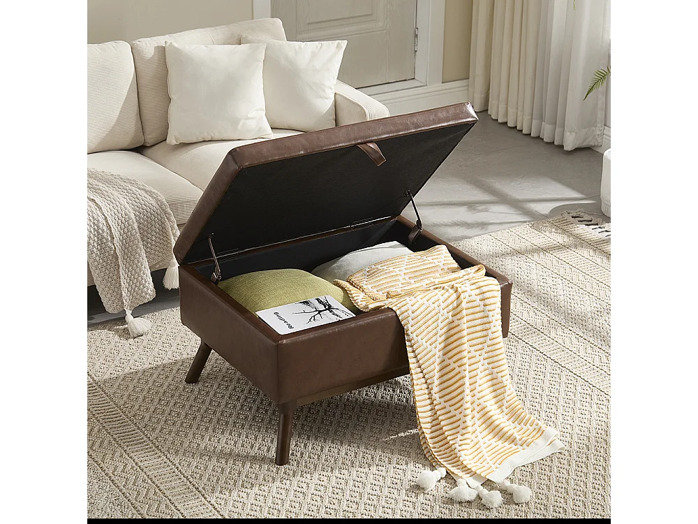 Banc carré milieu siècle rangement salon entrée salle familiale table basse repose pieds marron