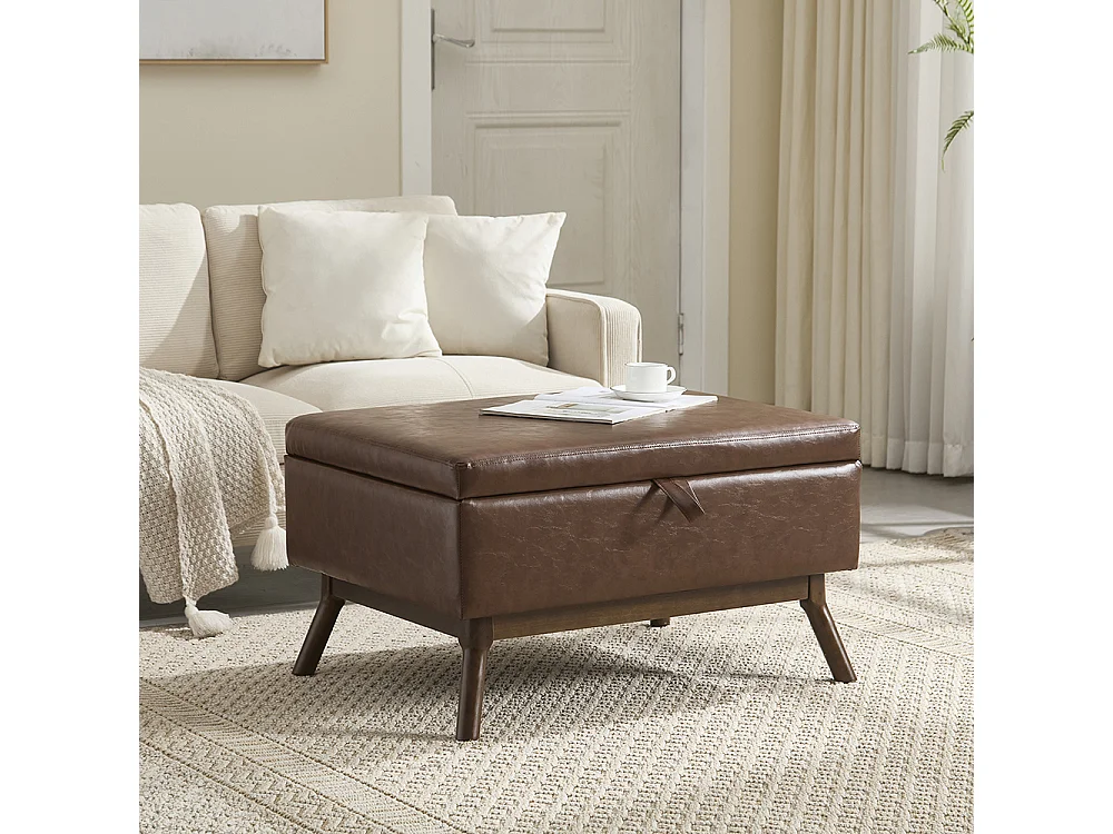 Banc carré milieu siècle rangement salon entrée salle familiale table basse repose pieds marron