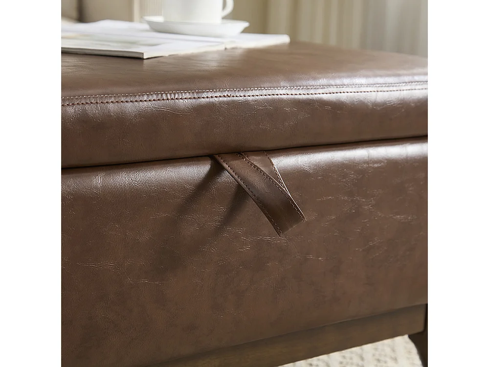 Banc carré milieu siècle rangement salon entrée salle familiale table basse repose pieds marron