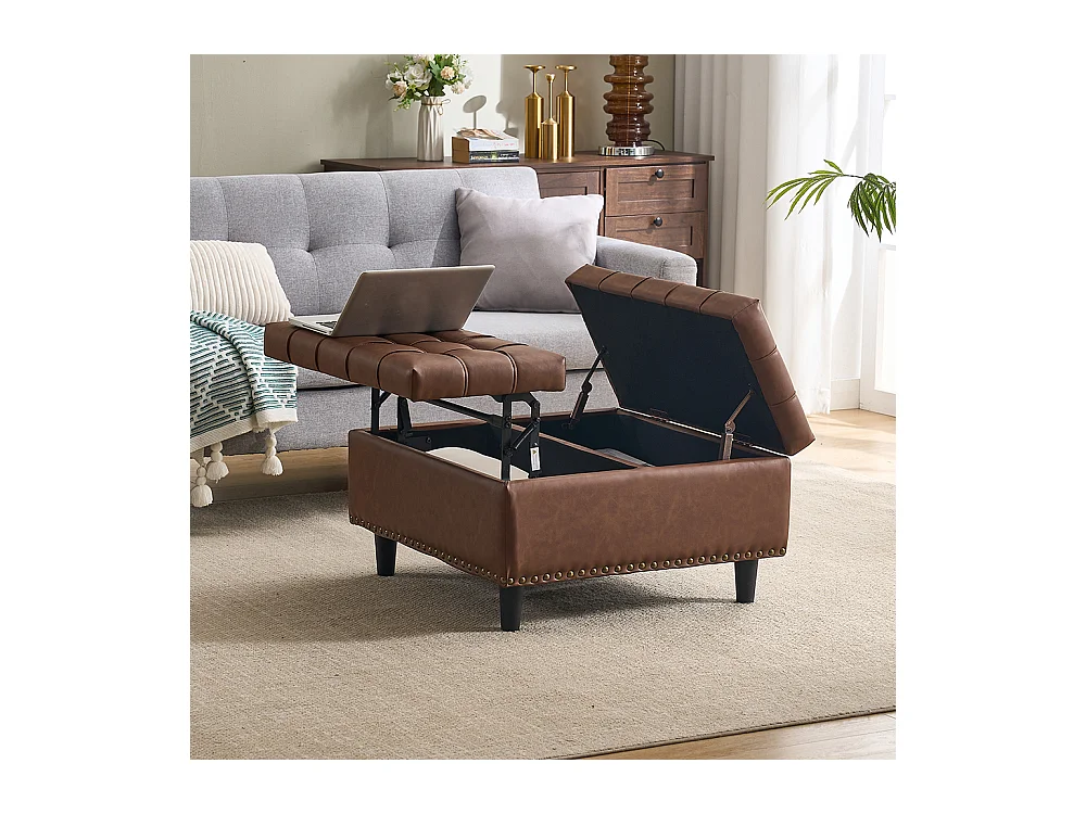 Banc rangement carré relevable grand capacité salon chambre bureau PU marron