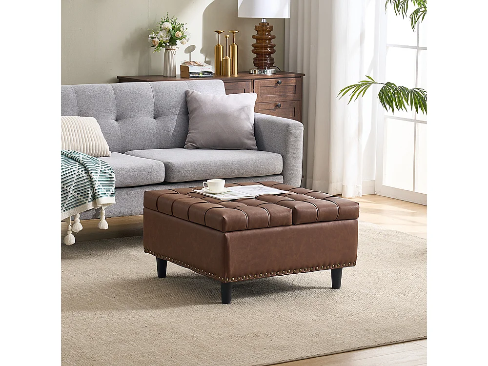 Banc rangement carré relevable grand capacité salon chambre bureau PU marron