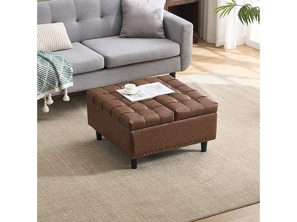 Banc rangement carré relevable grand capacité salon chambre bureau PU marron