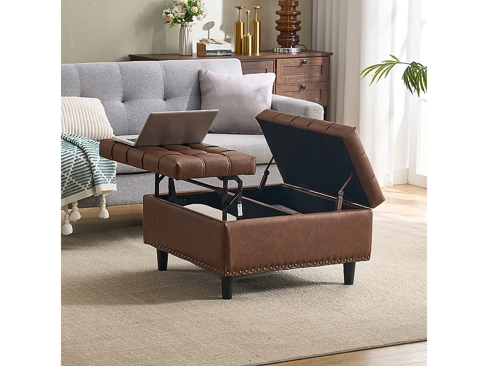 Banc rangement carré relevable grand capacité salon chambre bureau PU marron