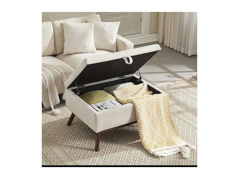 Banc carré milieu siècle rangement salon entrée salle familiale table basse repose pieds beige