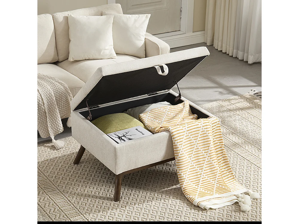 Banc carré milieu siècle rangement salon entrée salle familiale table basse repose pieds beige