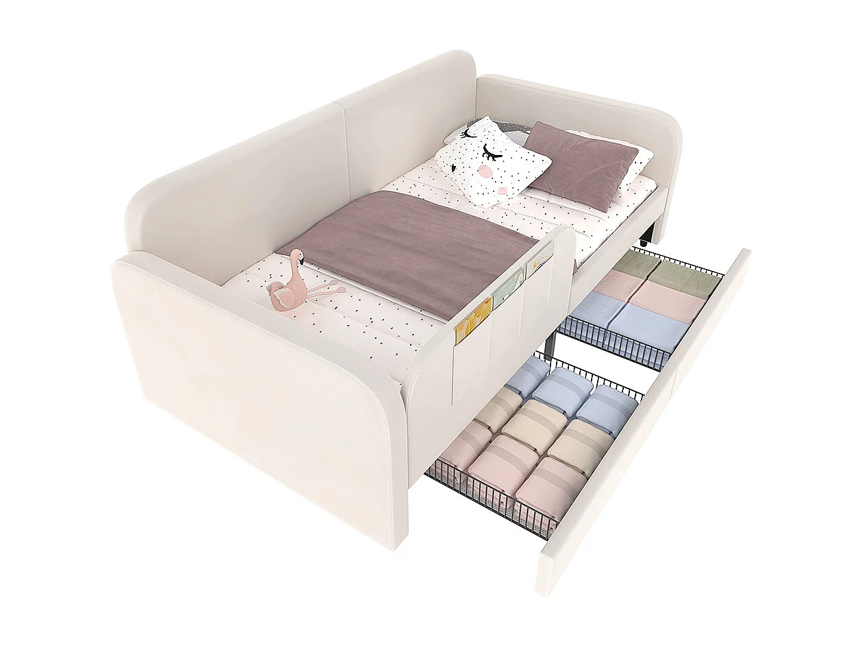 Lit d'appoint enfant 90x200 canapé lit rembourré avec sommier métal tiroirs à roulettes et poches de rangement velours blanc