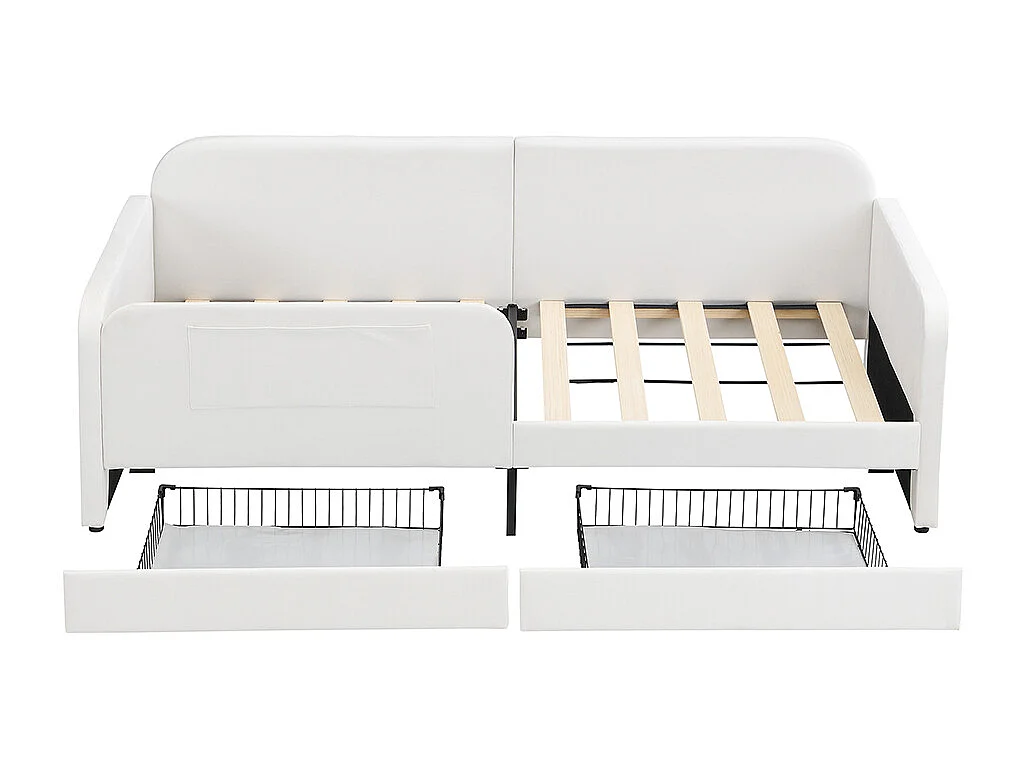 Lit d'appoint enfant 90x200 canapé lit rembourré avec sommier métal tiroirs à roulettes et poches de rangement velours blanc