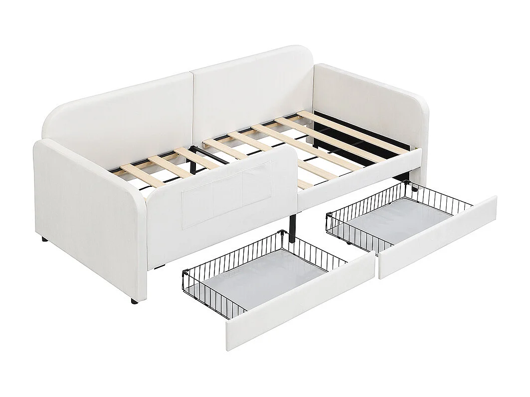 Lit d'appoint enfant 90x200 canapé lit rembourré avec sommier métal tiroirs à roulettes et poches de rangement velours blanc