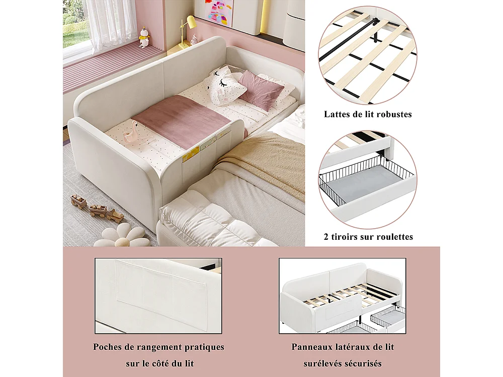 Lit d'appoint enfant 90x200 canapé lit rembourré avec sommier métal tiroirs à roulettes et poches de rangement velours blanc