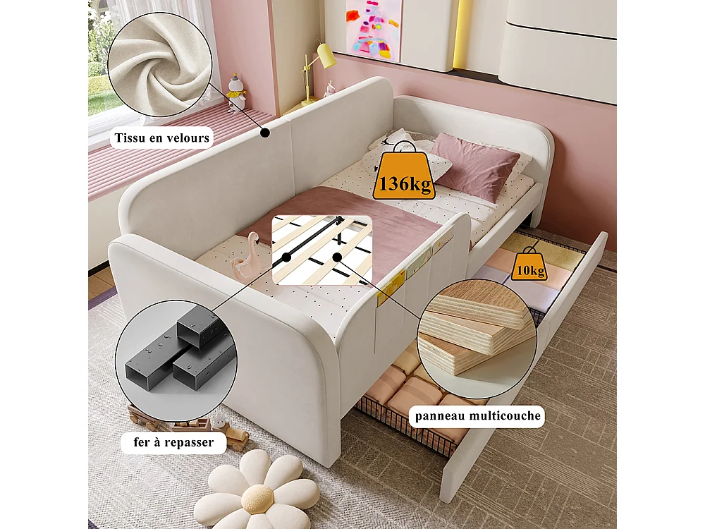 Lit d'appoint enfant 90x200 canapé lit rembourré avec sommier métal tiroirs à roulettes et poches de rangement velours blanc