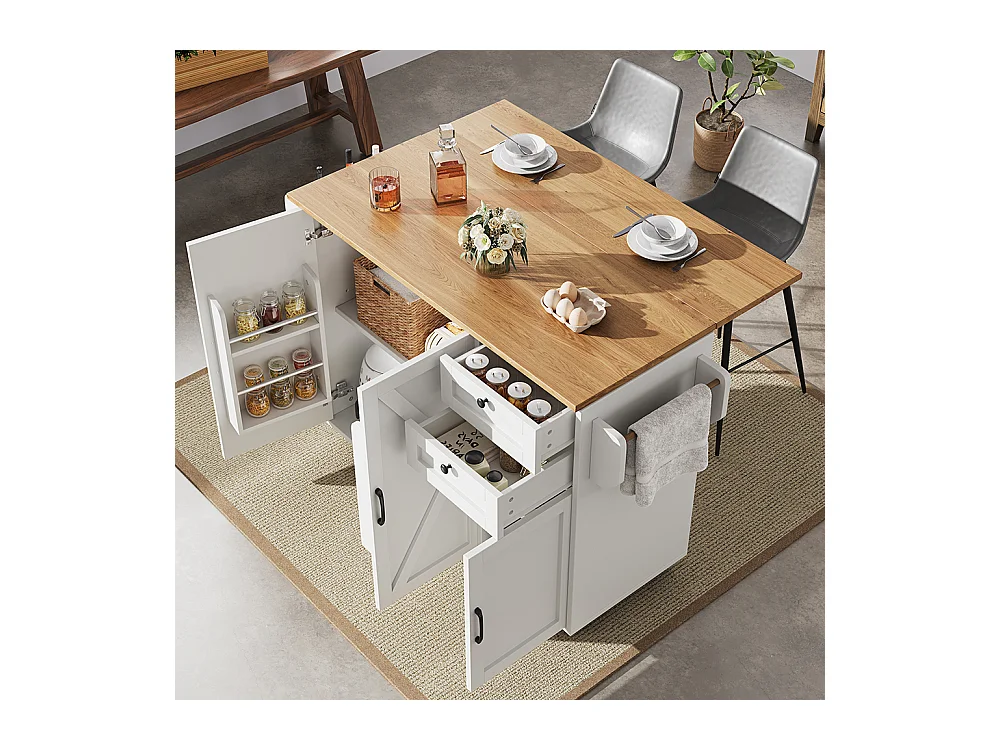 Buffet cuisine îlot blanc veinures bois desserte multifonction espace rangement étagères snacks meuble moderne pratique