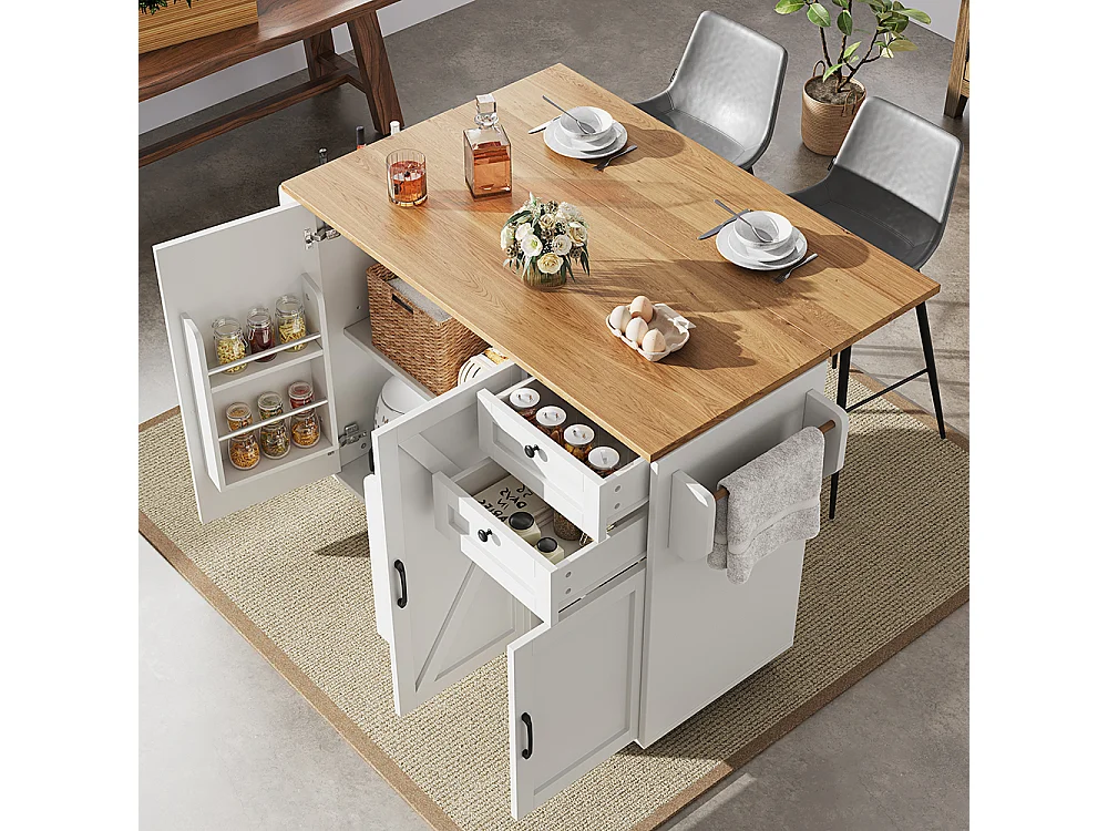 Buffet cuisine îlot blanc veinures bois desserte multifonction espace rangement étagères snacks meuble moderne pratique