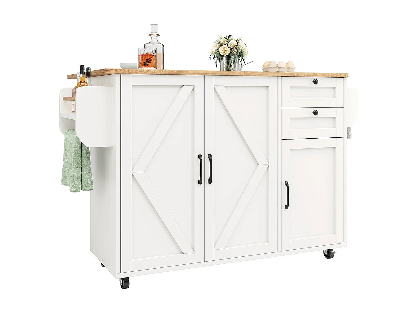 Buffet cuisine îlot blanc veinures bois desserte multifonction espace rangement étagères snacks meuble moderne pratique