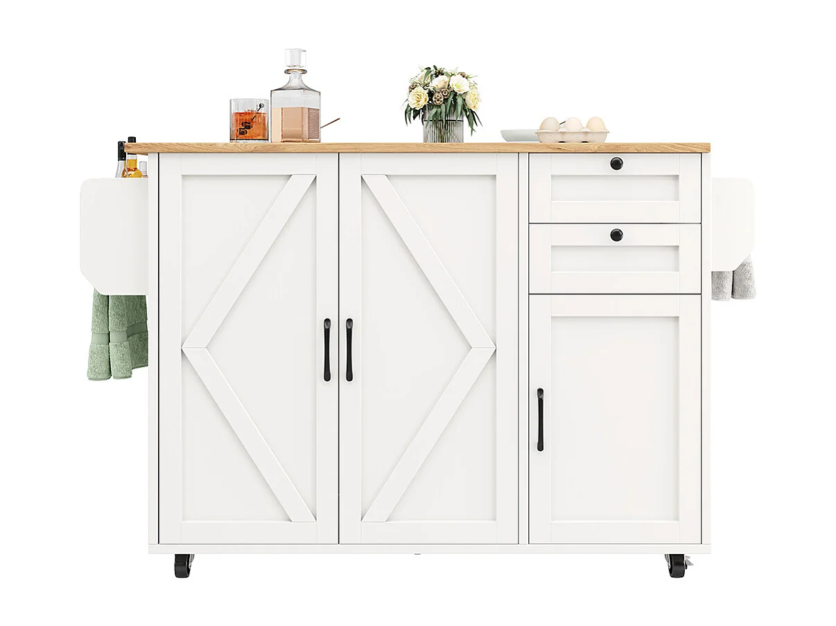 Buffet cuisine îlot blanc veinures bois desserte multifonction espace rangement étagères snacks meuble moderne pratique