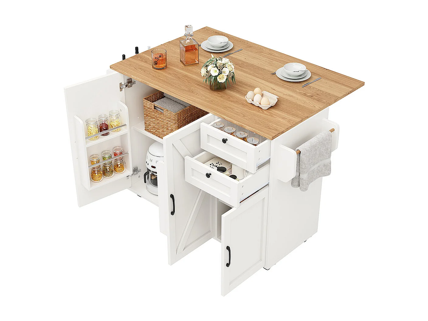 Buffet cuisine îlot blanc veinures bois desserte multifonction espace rangement étagères snacks meuble moderne pratique