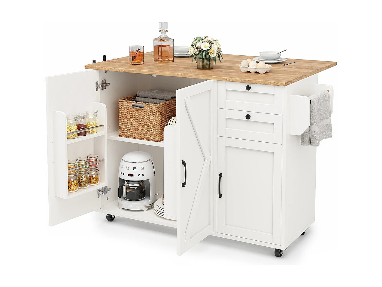 Buffet cuisine îlot blanc veinures bois desserte multifonction espace rangement étagères snacks meuble moderne pratique