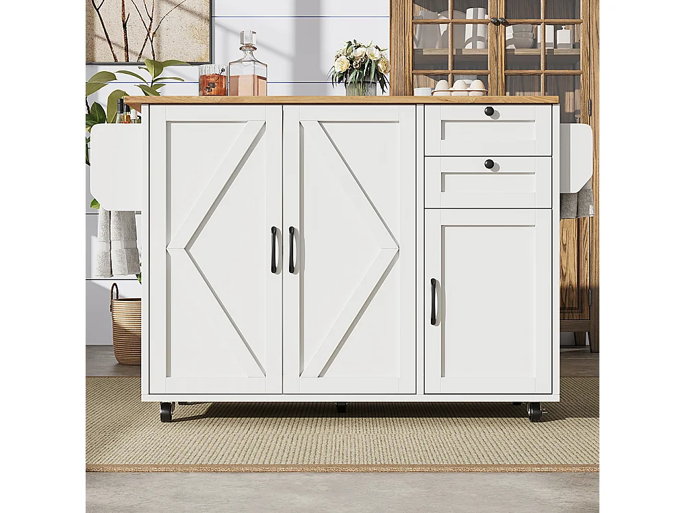 Buffet cuisine îlot blanc veinures bois desserte multifonction espace rangement étagères snacks meuble moderne pratique