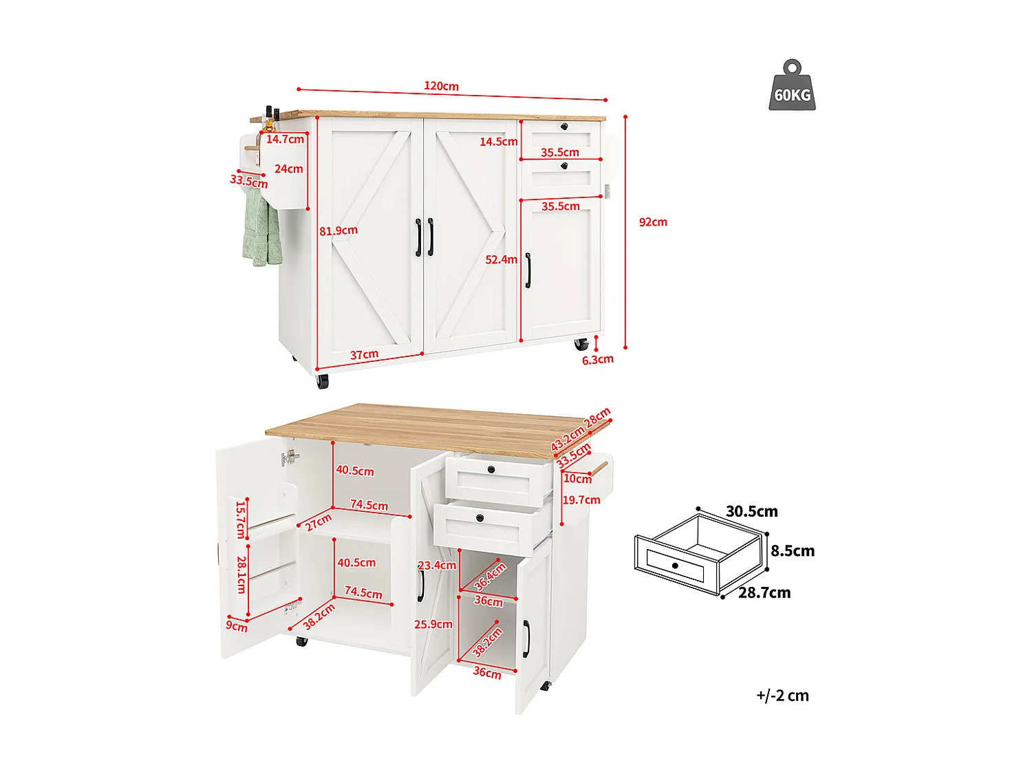 Buffet cuisine îlot blanc veinures bois desserte multifonction espace rangement étagères snacks meuble moderne pratique