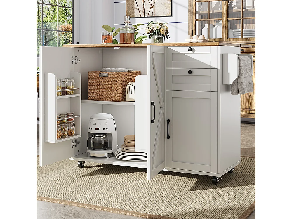 Buffet cuisine îlot blanc veinures bois desserte multifonction espace rangement étagères snacks meuble moderne pratique