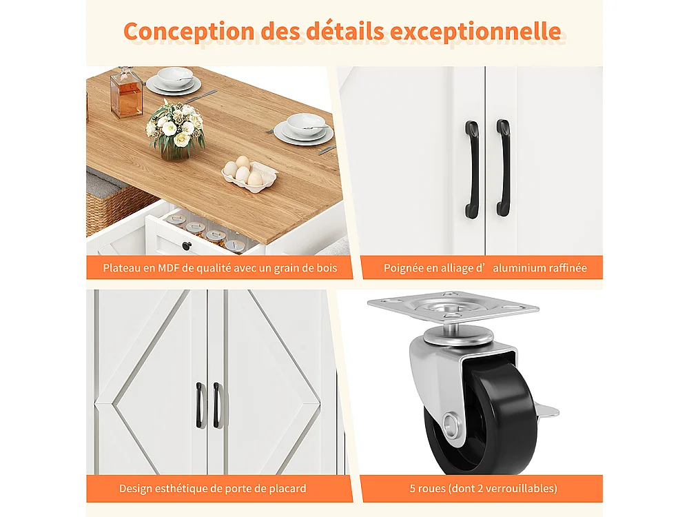 Buffet cuisine îlot blanc veinures bois desserte multifonction espace rangement étagères snacks meuble moderne pratique