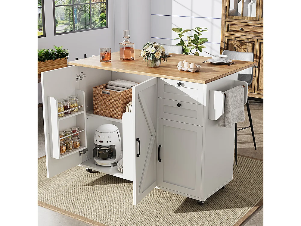 Buffet cuisine îlot blanc veinures bois desserte multifonction espace rangement étagères snacks meuble moderne pratique