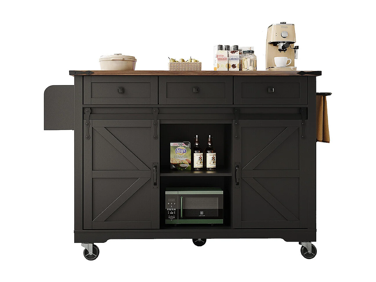 Buffet cuisine îlot chariot service noir plan coulissant grain bois 2 portes coulissantes 3 tiroirs roulettes meuble pratique moderne