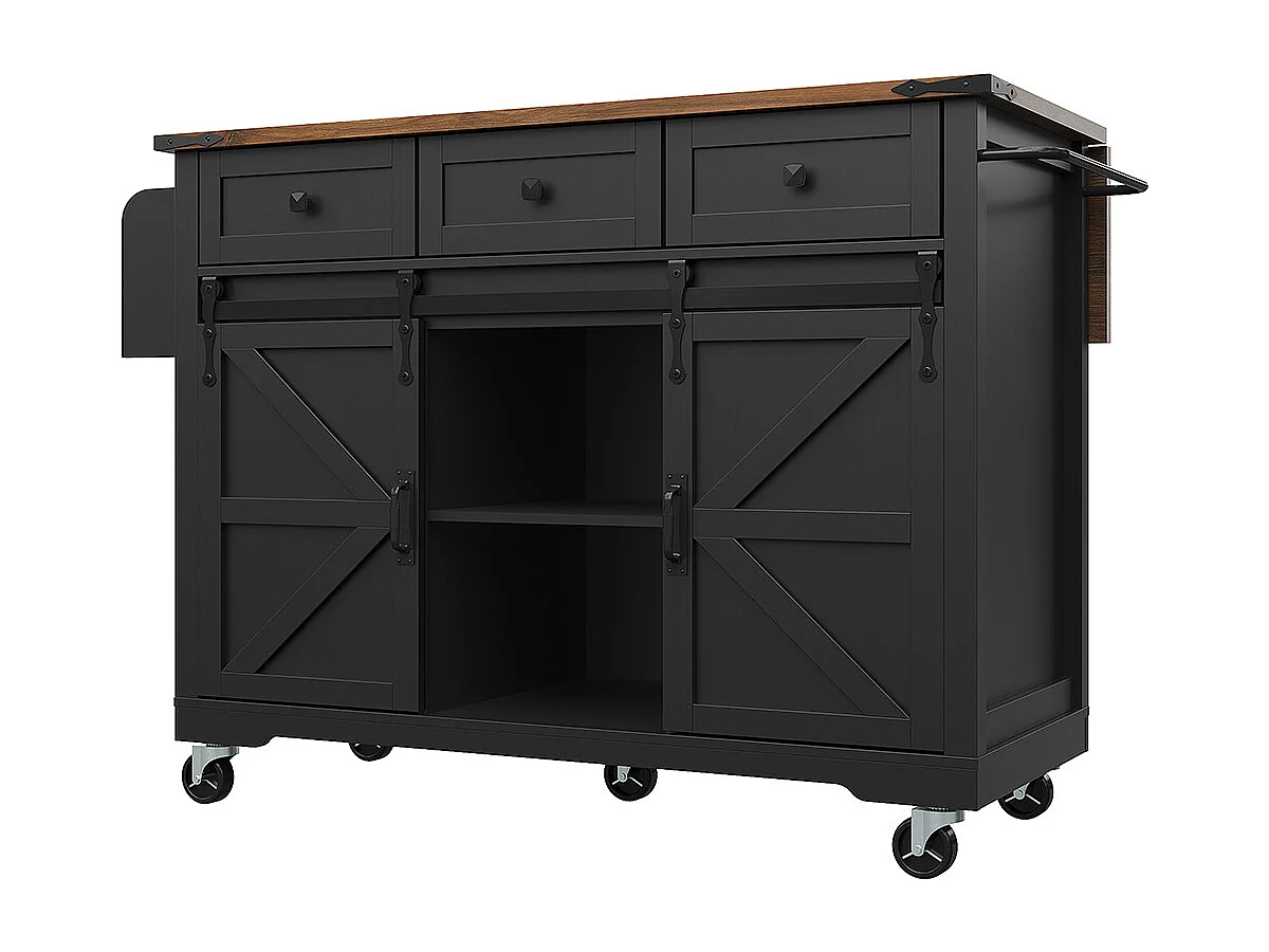 Buffet cuisine îlot chariot service noir plan coulissant grain bois 2 portes coulissantes 3 tiroirs roulettes meuble pratique moderne