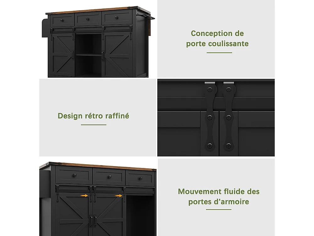 Buffet cuisine îlot chariot service noir plan coulissant grain bois 2 portes coulissantes 3 tiroirs roulettes meuble pratique moderne