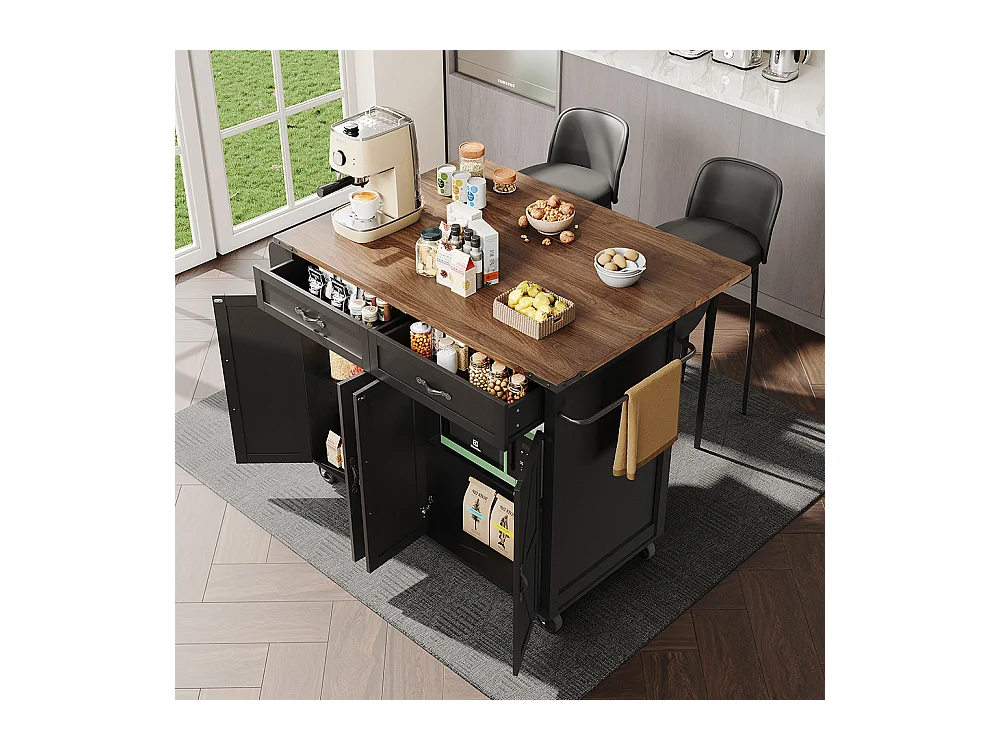 Buffet îlot de cuisine noir avec plan de travail coulissant veinure bois 4 portes 2 tiroirs meuble de rangement multifonction moderne