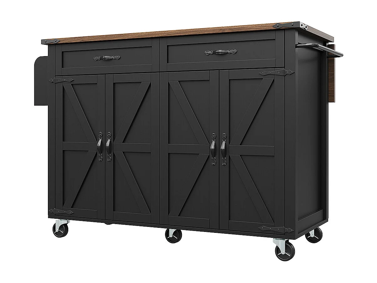 Buffet îlot de cuisine noir avec plan de travail coulissant veinure bois 4 portes 2 tiroirs meuble de rangement multifonction moderne