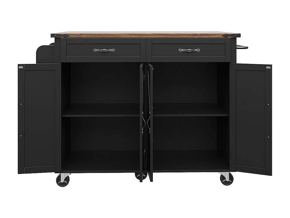 Buffet îlot de cuisine noir avec plan de travail coulissant veinure bois 4 portes 2 tiroirs meuble de rangement multifonction moderne