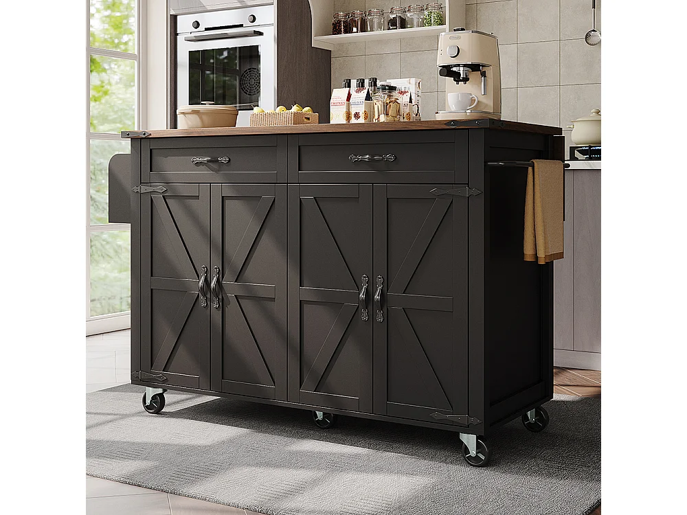 Buffet îlot de cuisine noir avec plan de travail coulissant veinure bois 4 portes 2 tiroirs meuble de rangement multifonction moderne