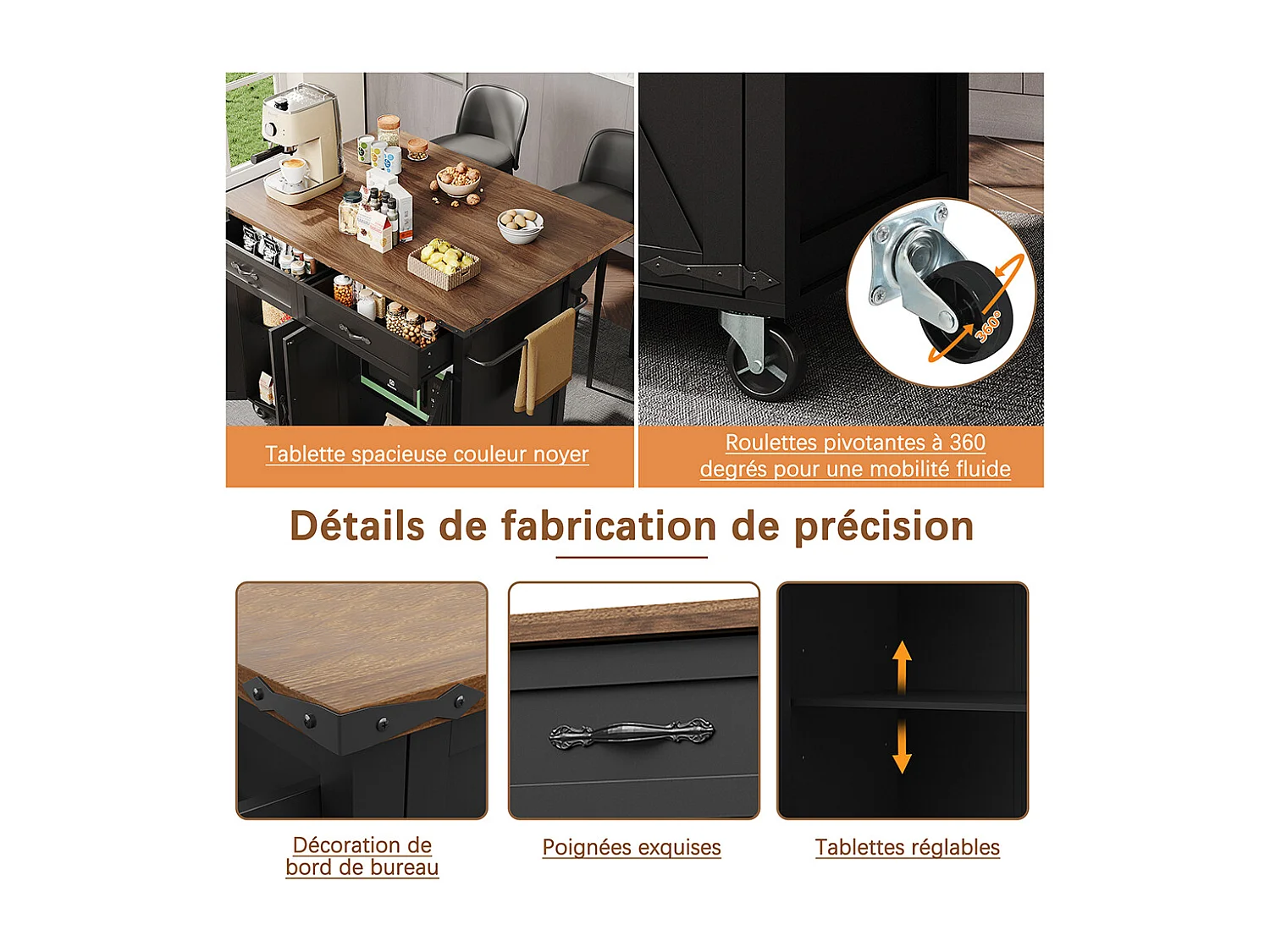 Buffet îlot de cuisine noir avec plan de travail coulissant veinure bois 4 portes 2 tiroirs meuble de rangement multifonction moderne