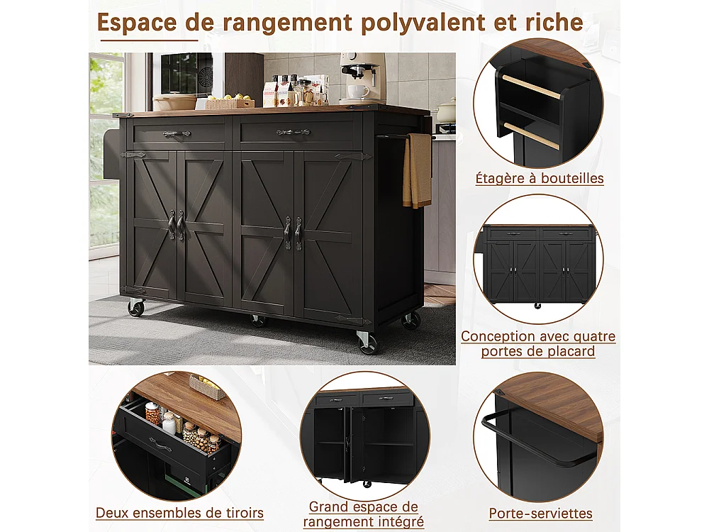 Buffet îlot de cuisine noir avec plan de travail coulissant veinure bois 4 portes 2 tiroirs meuble de rangement multifonction moderne