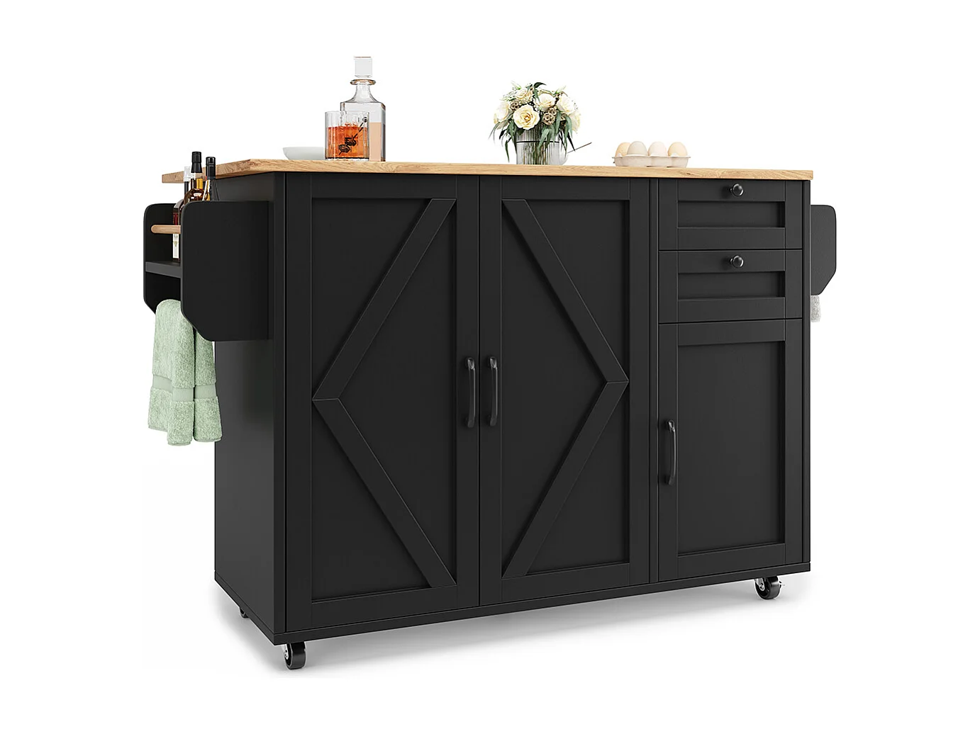 Buffet cuisine îlot noir veinures bois desserte multifonction espace rangement étagères snacks meuble moderne pratique